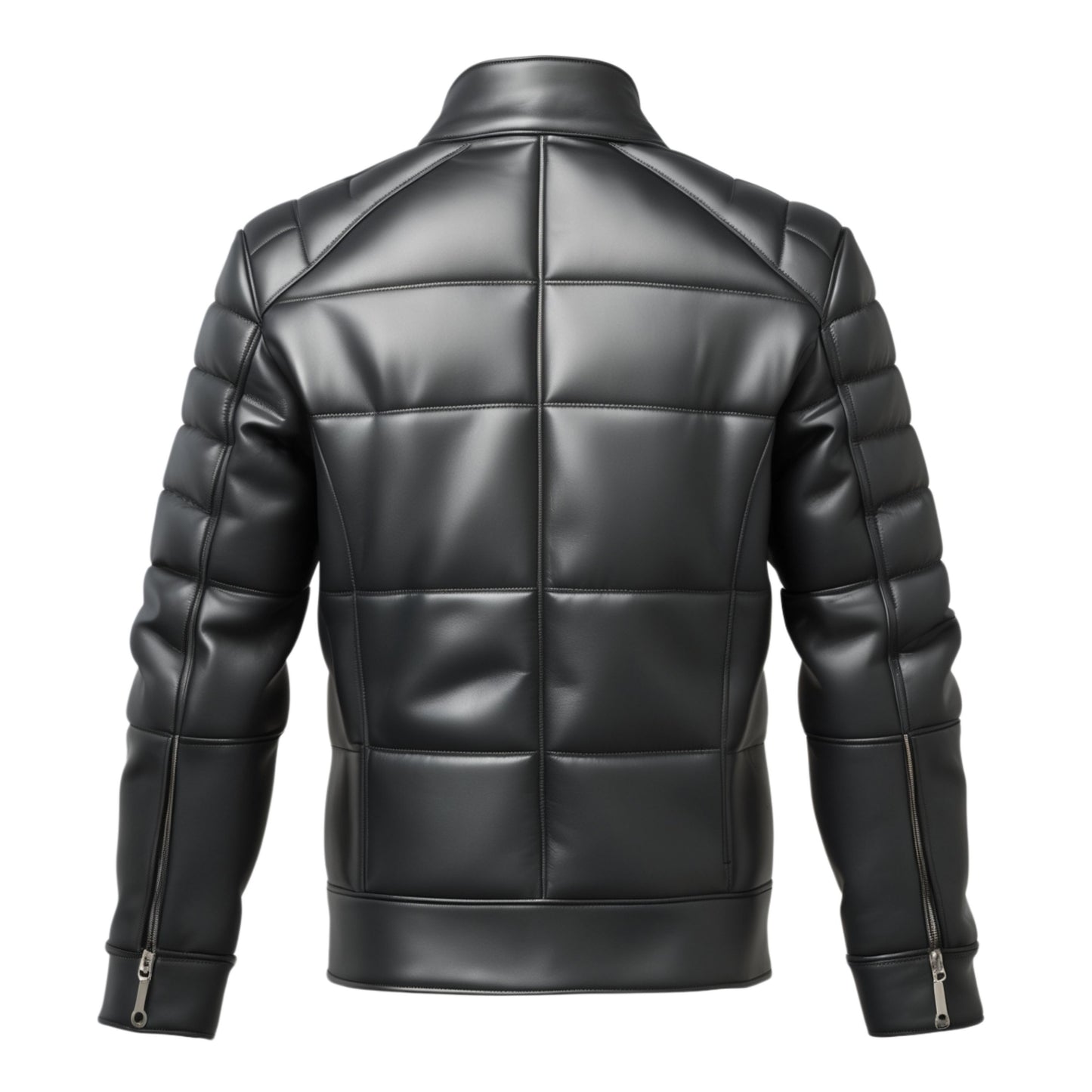 Men's Black Padded Leather Jacket with Quilted Panels and High Neck Snap Collar