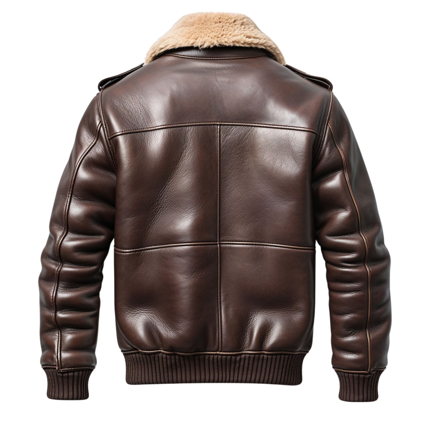 Men's Brown Leather Aviator Bomber Jacket with Faux Fur Collar Ribbed Cuffs