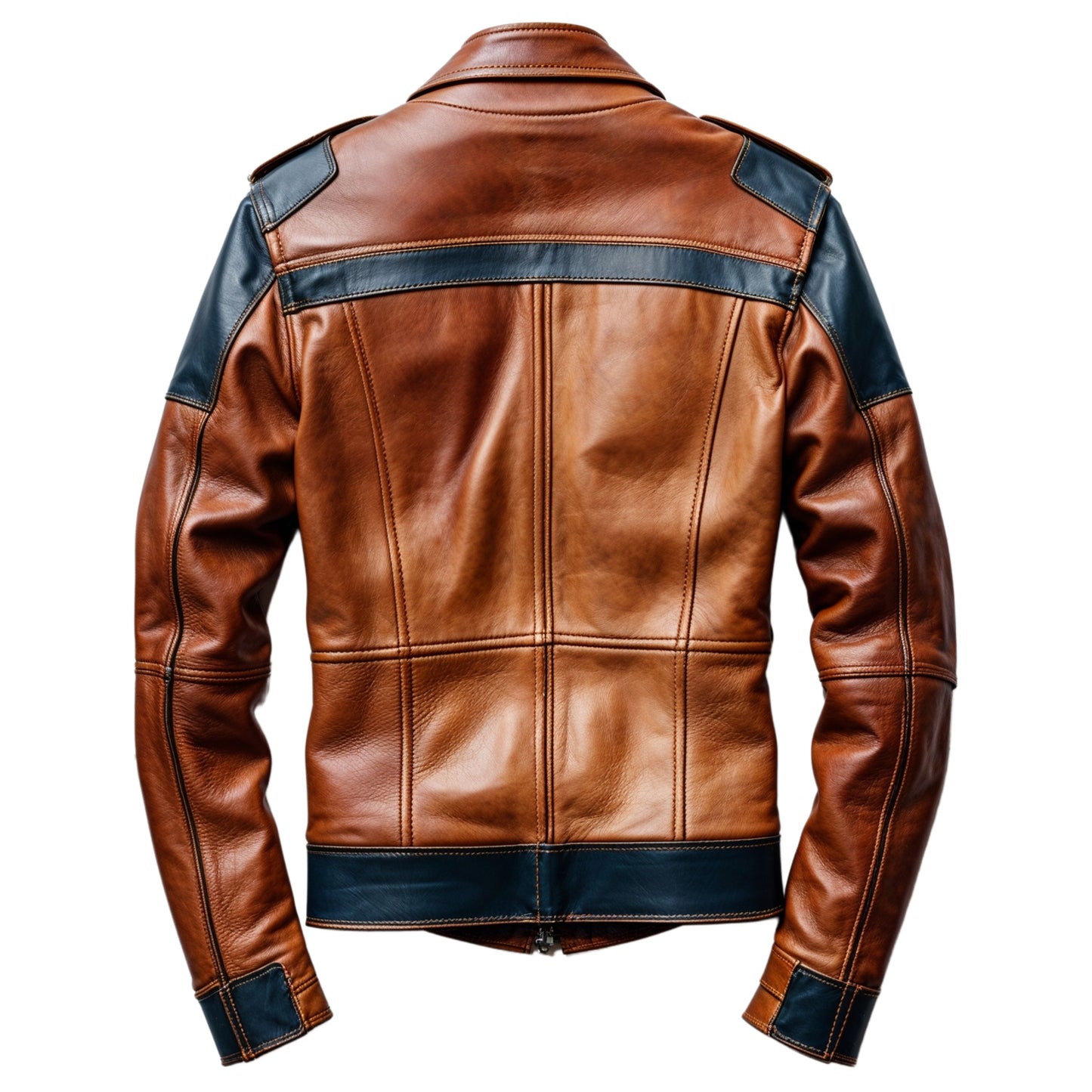 Men's Brown Leather Biker Jacket with Black Accent Panels – Stylish Casual Fit