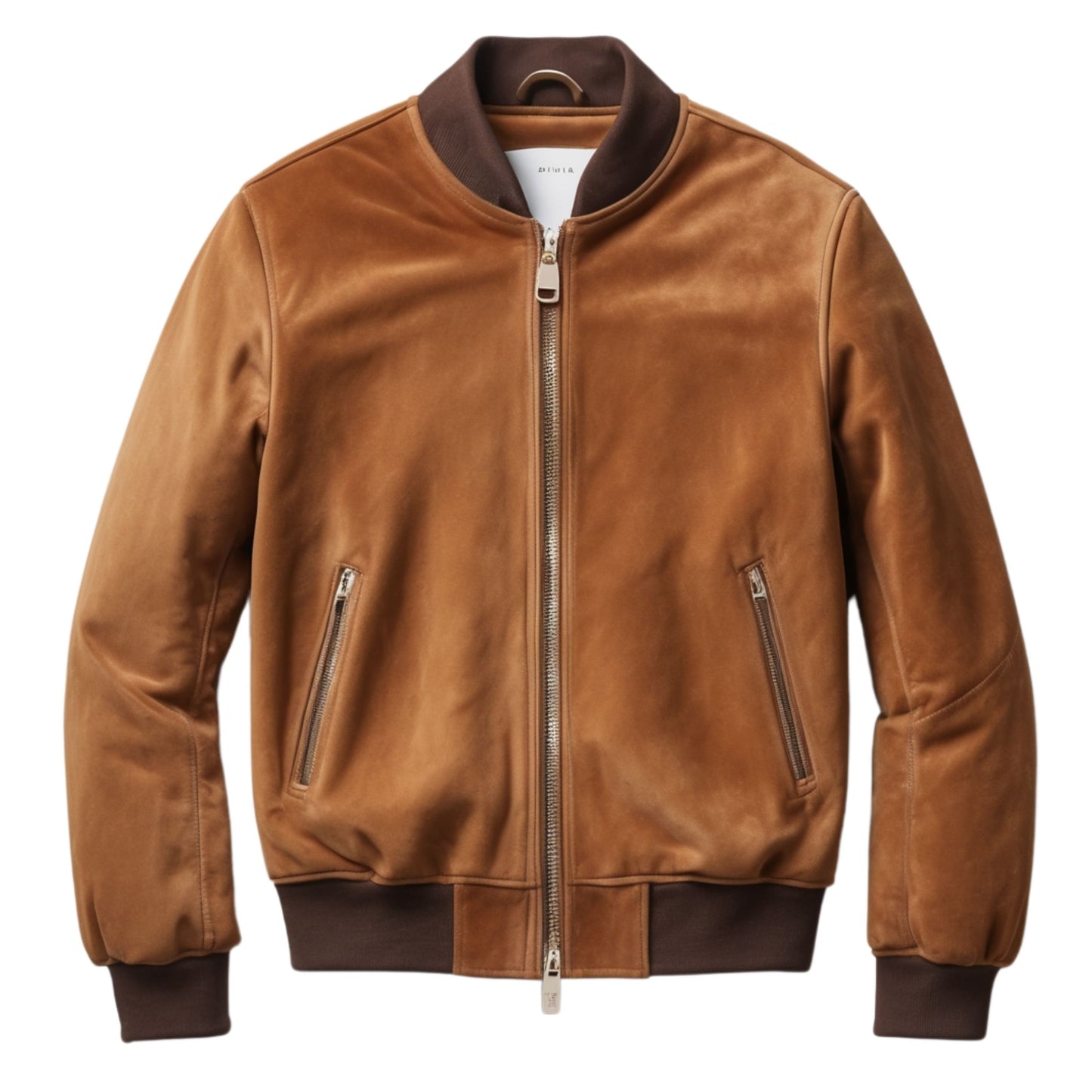 Tan Suede Effect Leather Bomber Jacket: Ribbed Trim, Zipper Pockets, Minimalist Style