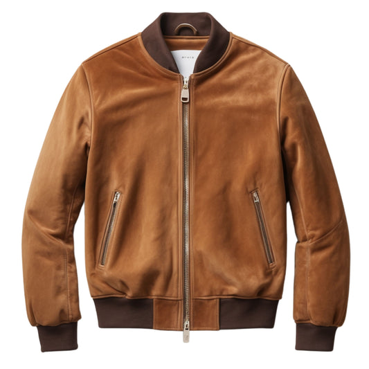 Tan Suede Effect Leather Bomber Jacket: Ribbed Trim, Zipper Pockets, Minimalist Style