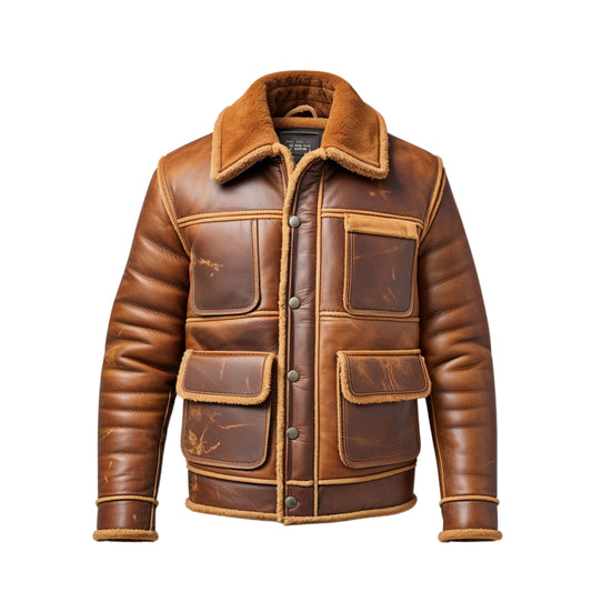 Brown Real Leather Aviator Jacket with Shearling Collar and Lining – Vintage Winter Wear