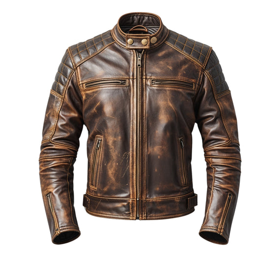 Vintage Brown Cafe Racer Jacket: Quilted Shoulders, Stand Collar, Zipper Pockets