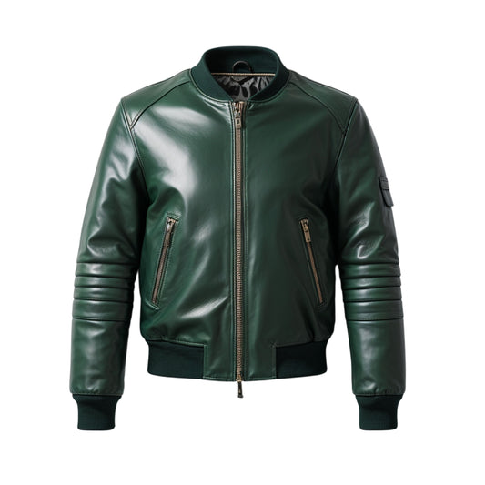 Men's Green Leather Bomber Jacket with Ribbed Cuffs and Zipper Pockets