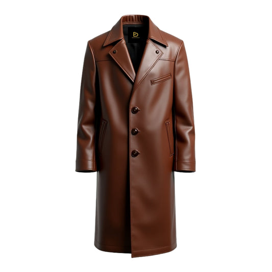 Men's Brown Leather Long Overcoat: Classic Tailored Fit, Three-Button Closure
