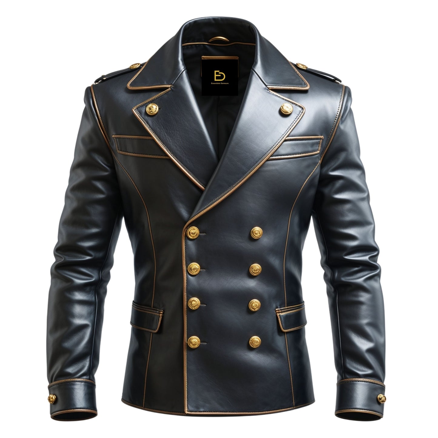 Men's Black Leather Double Breasted Blazer – Military Inspired Gold Button Jacket