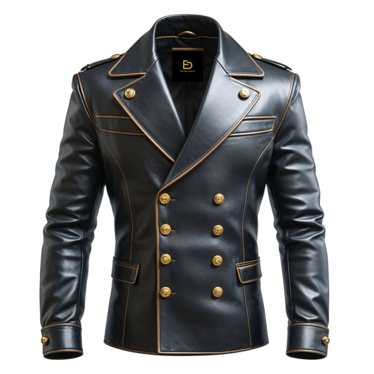 Men's Black Leather Double Breasted Blazer – Military Inspired Gold Button Jacket