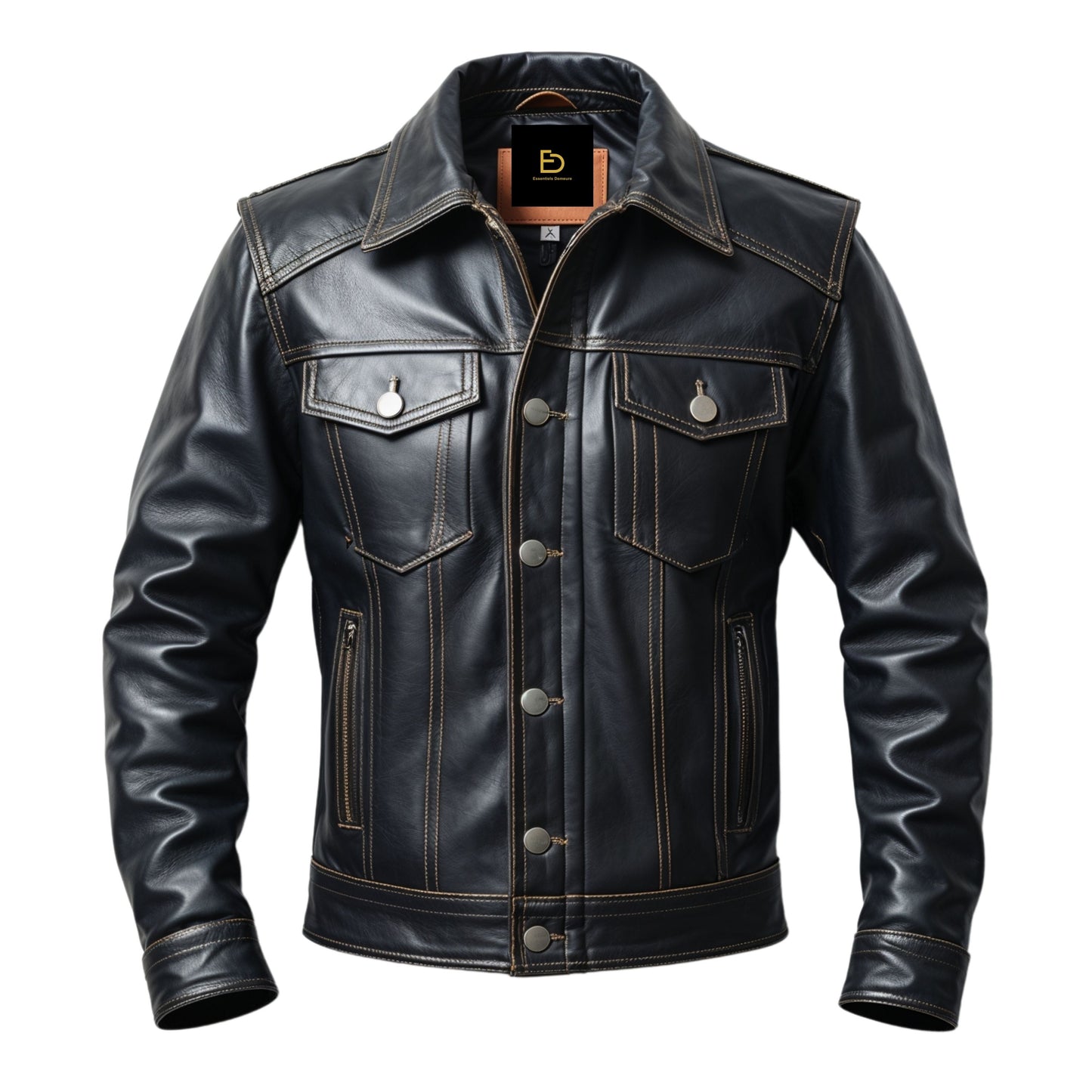 Men's Black Real Leather Trucker Jacket with Contrast Stitching, Button Front Urban Style