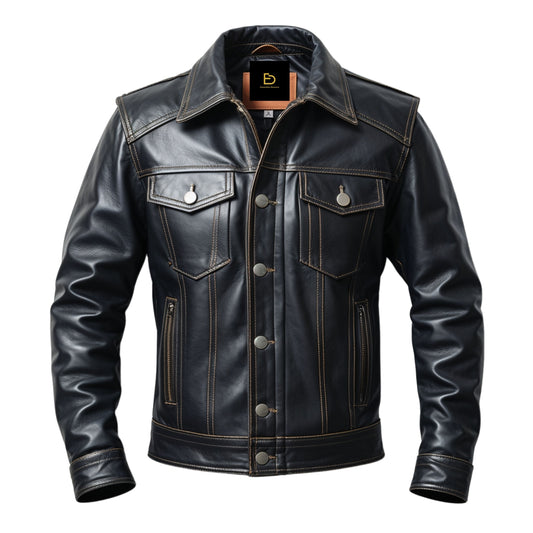 Men's Black Real Leather Trucker Jacket with Contrast Stitching, Button Front Urban Style