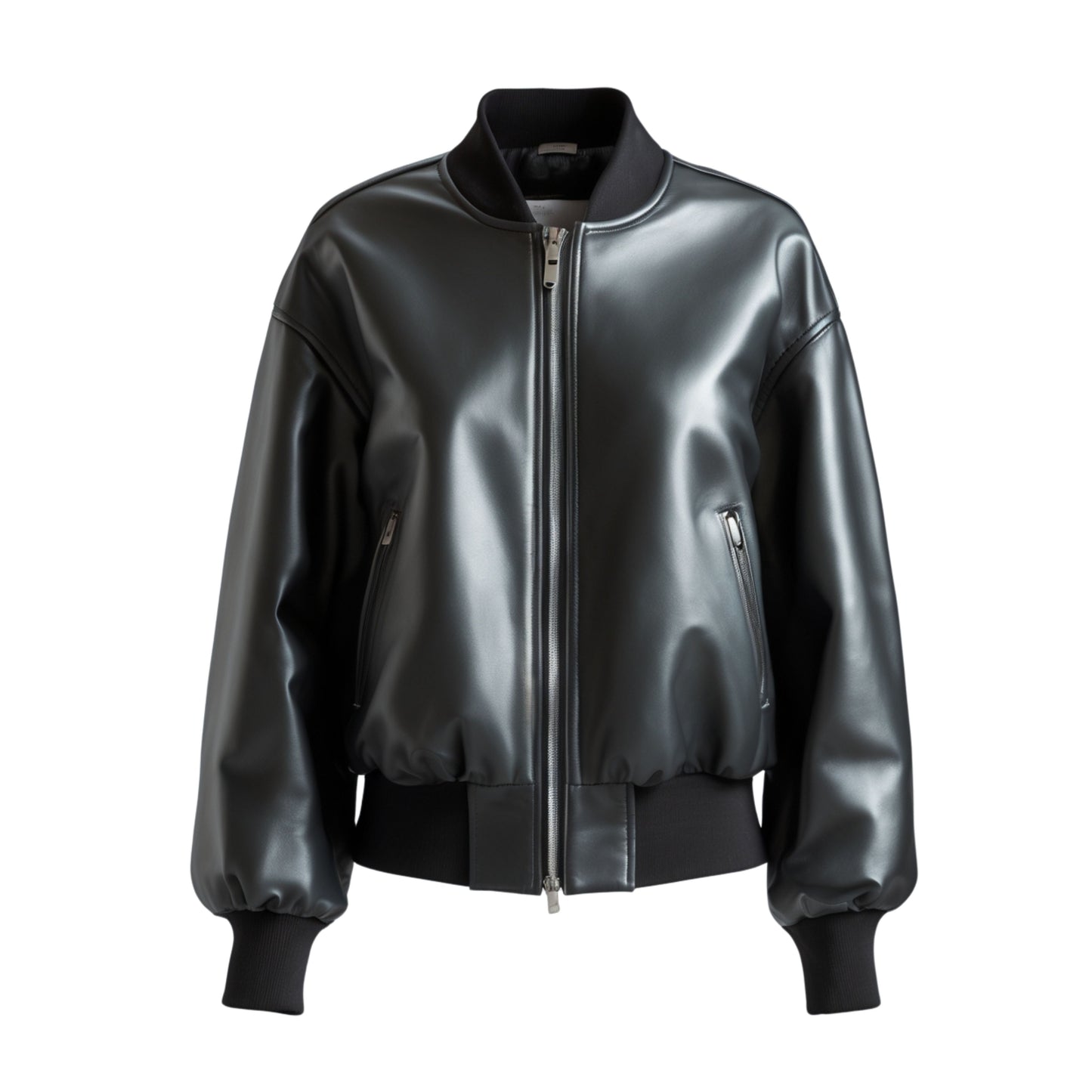 Women Black Real Leather Cropped Bomber Jacket, Balloon Sleeves, Ribbed Details