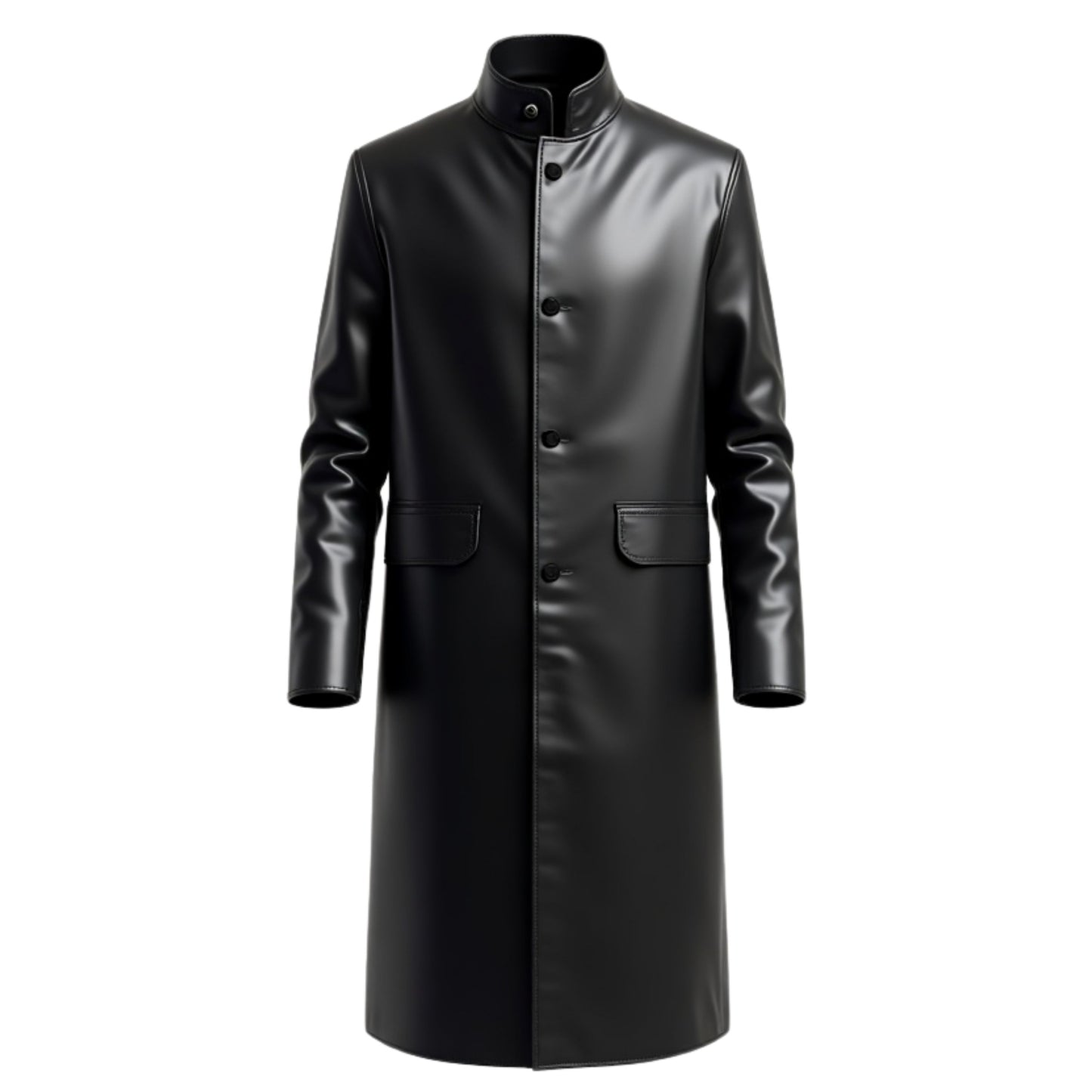 Men's Black Real Leather Long Coat Stand Collar Button Closure Stylish Winter Outerwear