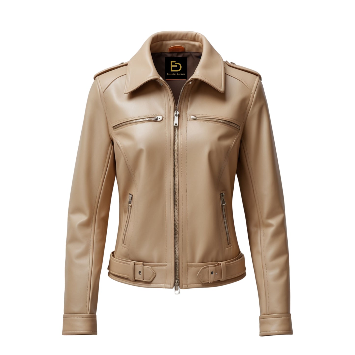 Womens Real Leather Moto Biker Jacket – Beige Slim Fashion Outerwear Shirt Collar
