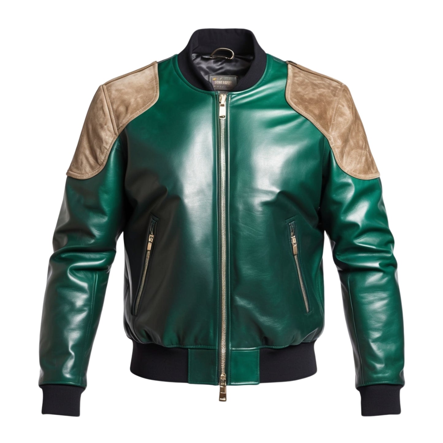 Green Leather Bomber Jacket with Tan Suede Shoulder Accents – Modern Zip Front Lightweight Wear