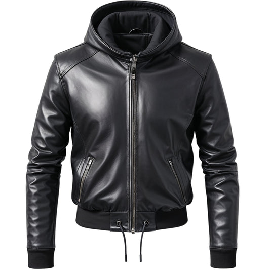 Men's Black Real Leather Hooded Bomber Jacket – Modern Street Style Ribbed Cuffs Drawstring Hem