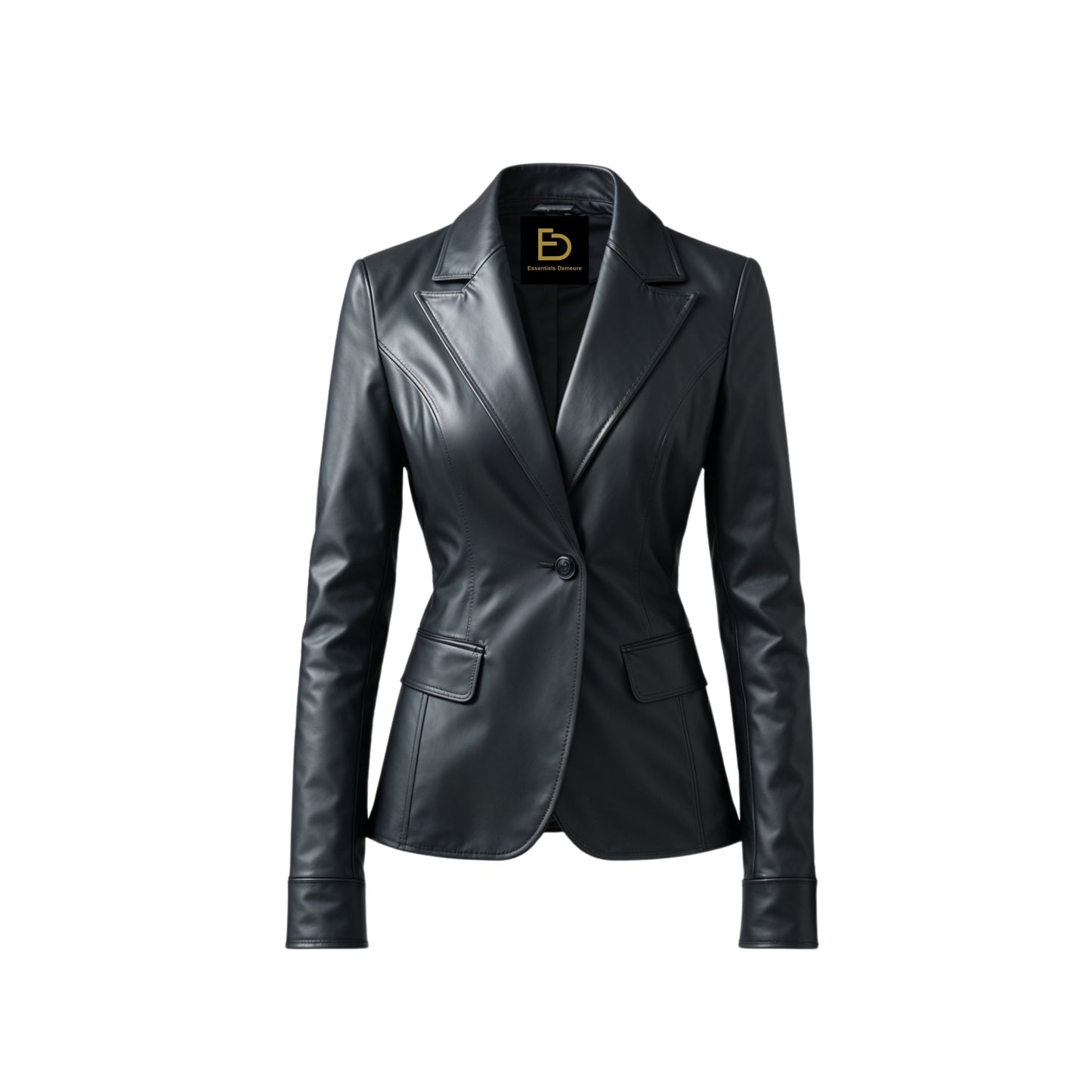 Womens Black Real Leather Blazer Jacket: Tailored One Button Office Coat