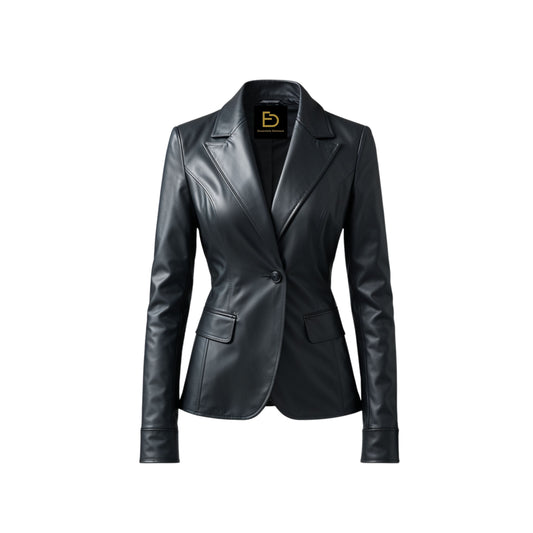 Womens Black Real Leather Blazer Jacket: Tailored One Button Office Coat