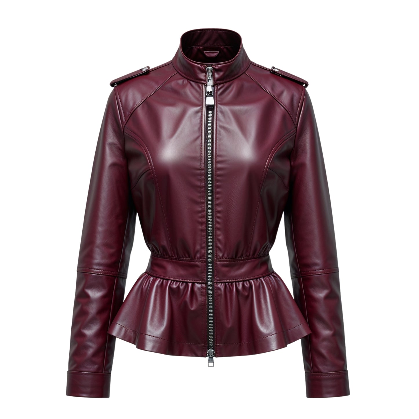 Womens Real Leather Burgundy Peplum Moto Jacket – Slim Fit Biker Style Stand Collar