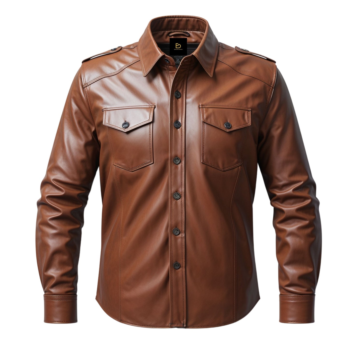 Men's Brown Leather Shirt Jacket: Button Front, Flap Pockets, Layering Style