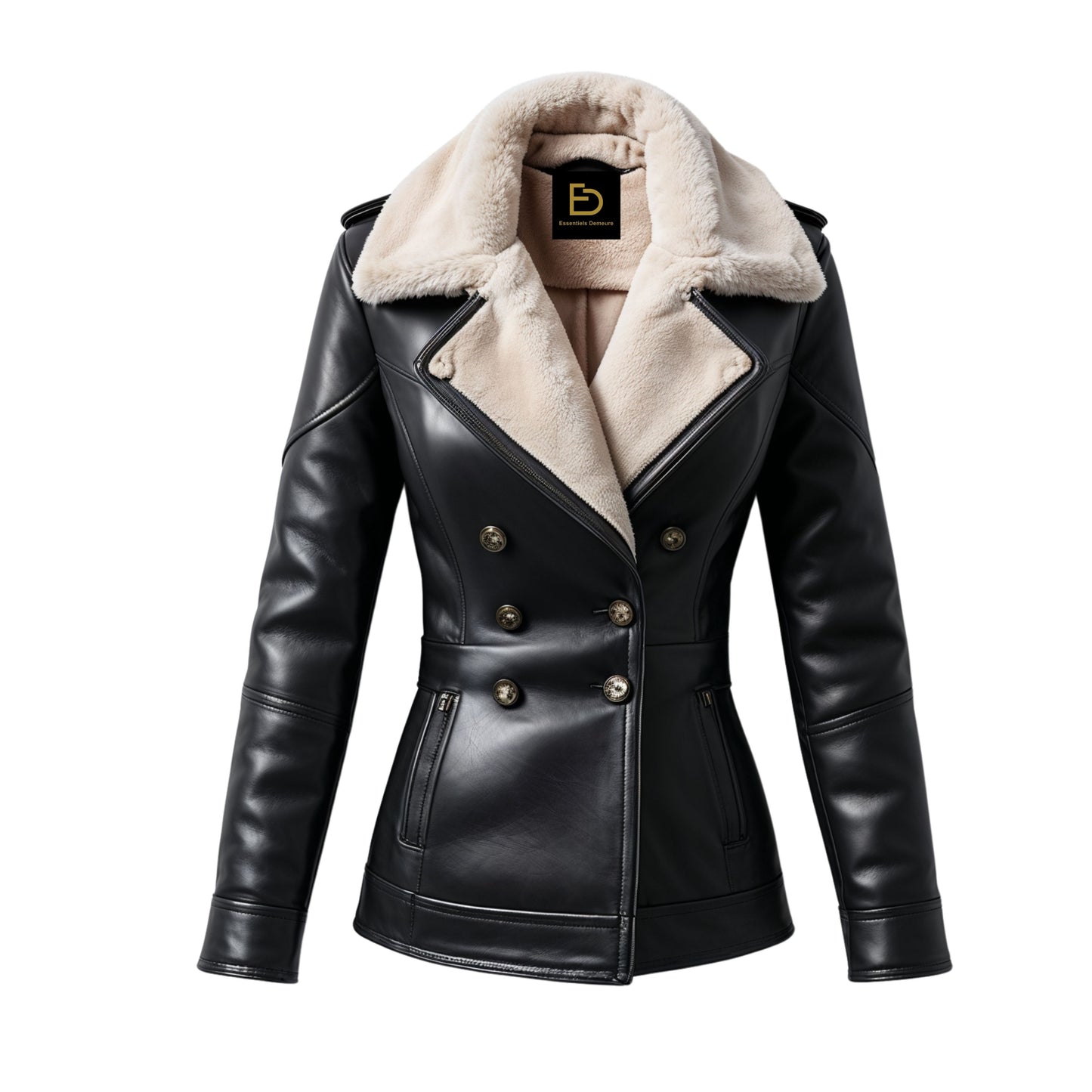 Black Leather Peacoat with Cream Shearling Collar, Double Breasted Gold Buttons