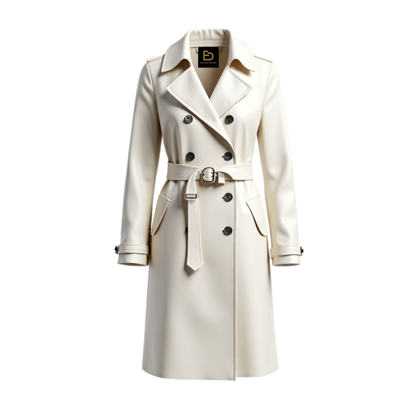 Off White Double Breasted Leather Trench Coat – Classic Long Belted Outerwear