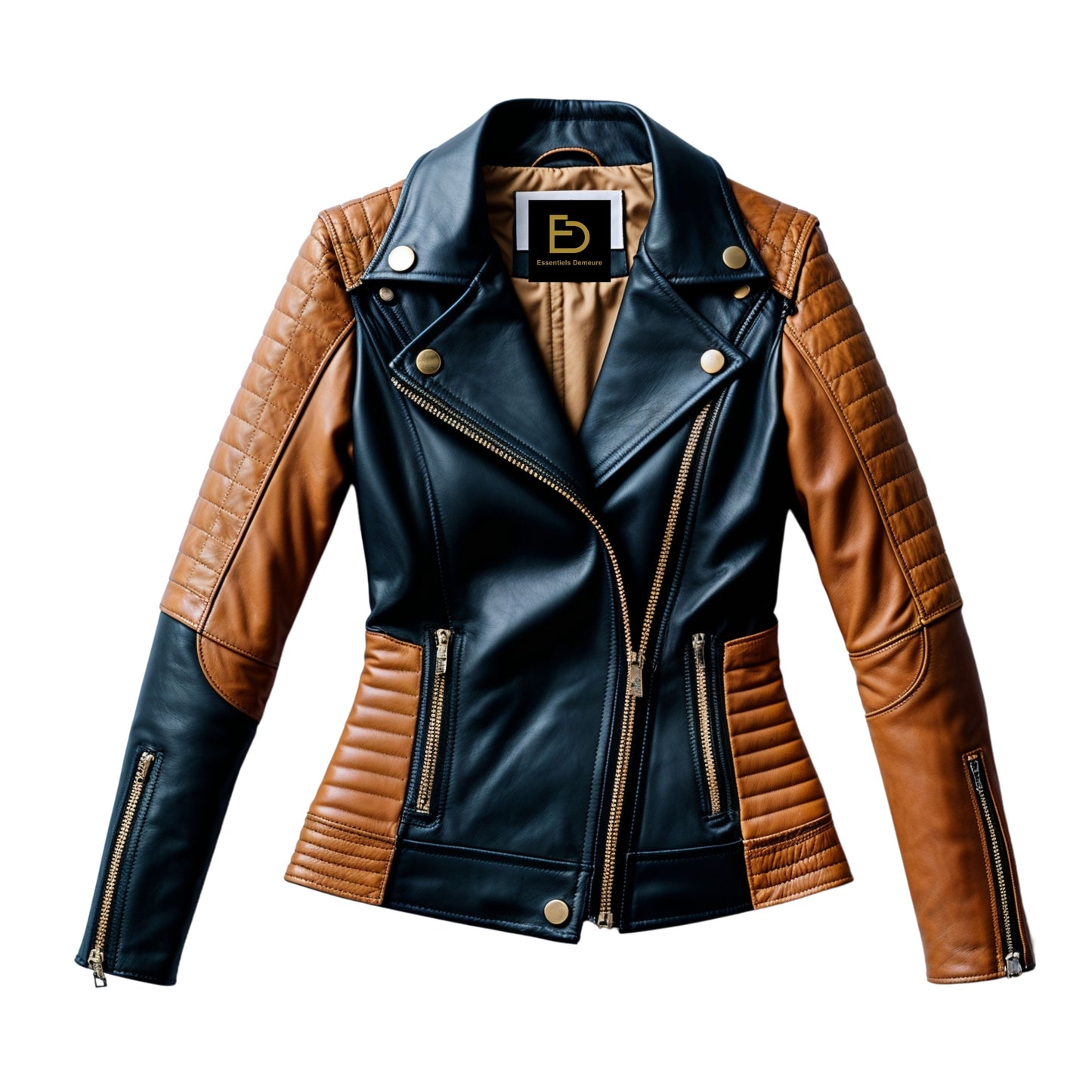Women's Two-Tone Leather Biker Jacket with Quilted Shoulders – Slim Fit Moto Style