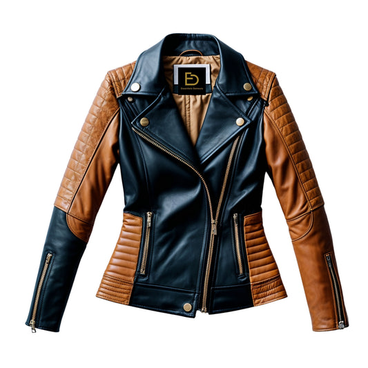 Women's Two-Tone Leather Biker Jacket with Quilted Shoulders – Slim Fit Moto Style