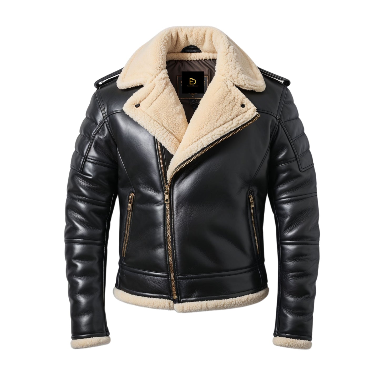 Men's Black Leather Biker Jacket with Shearling Collar and Quilted Sleeves