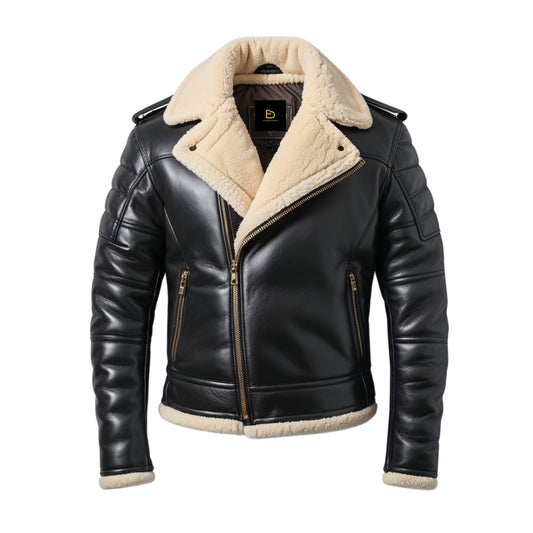 Men's Black Leather Biker Jacket with Shearling Collar and Quilted Sleeves