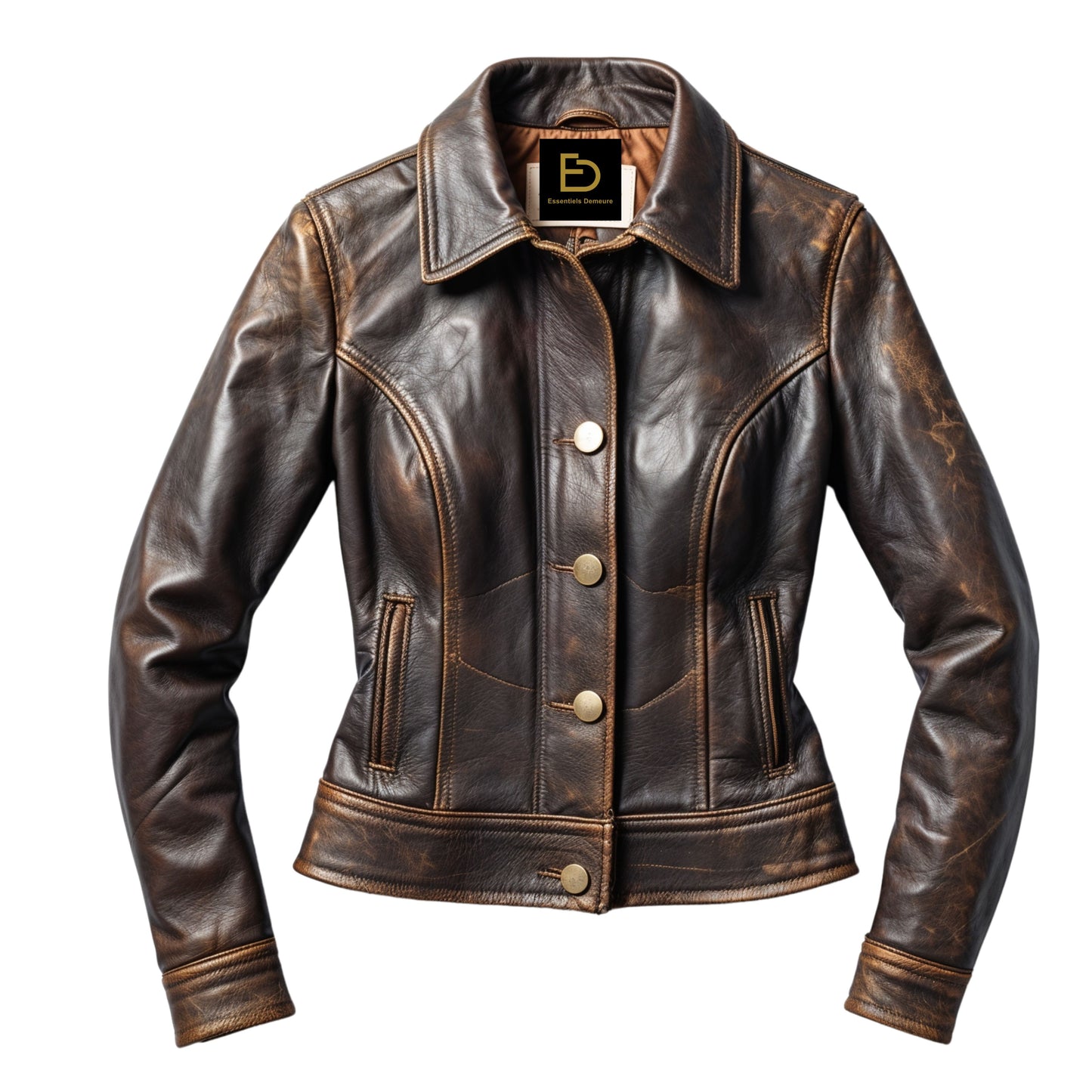 Distressed Brown Real Leather Jacket: Vintage Moto Style, Notched Lapel, Chic Everyday Wear
