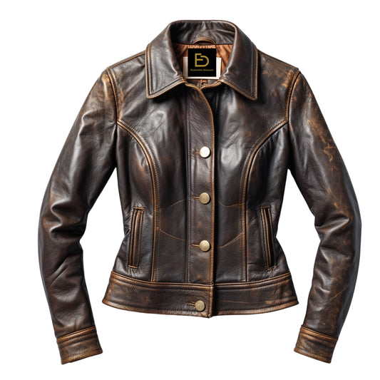 Distressed Brown Real Leather Jacket: Vintage Moto Style, Notched Lapel, Chic Everyday Wear