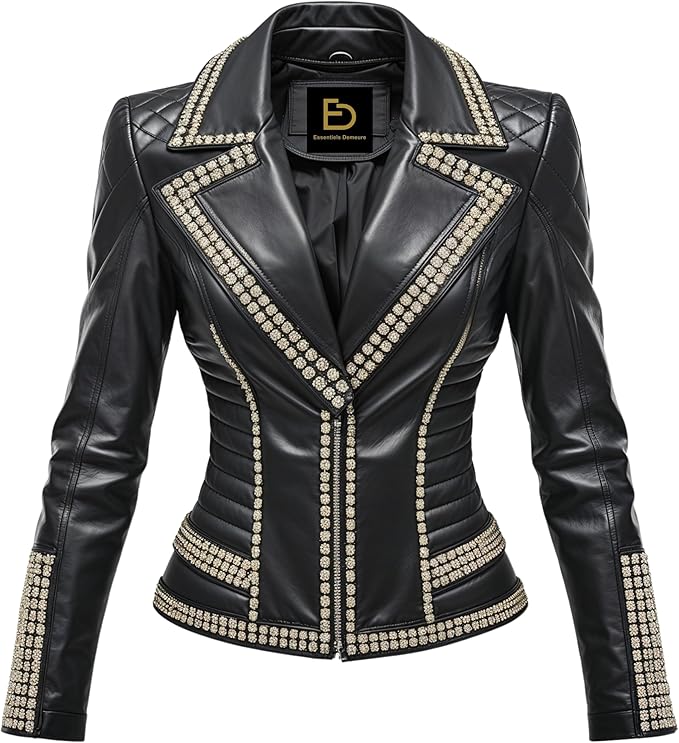 Womens Real Leather Black Embellished Moto Jacket Crystal Trim Quilted Shoulder Slim Fit Biker Coat Luxury