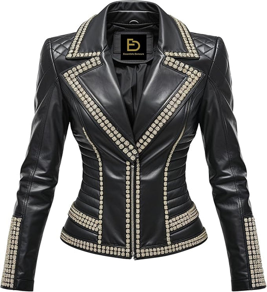Womens Real Leather Black Embellished Moto Jacket Crystal Trim Quilted Shoulder Slim Fit Biker Coat Luxury