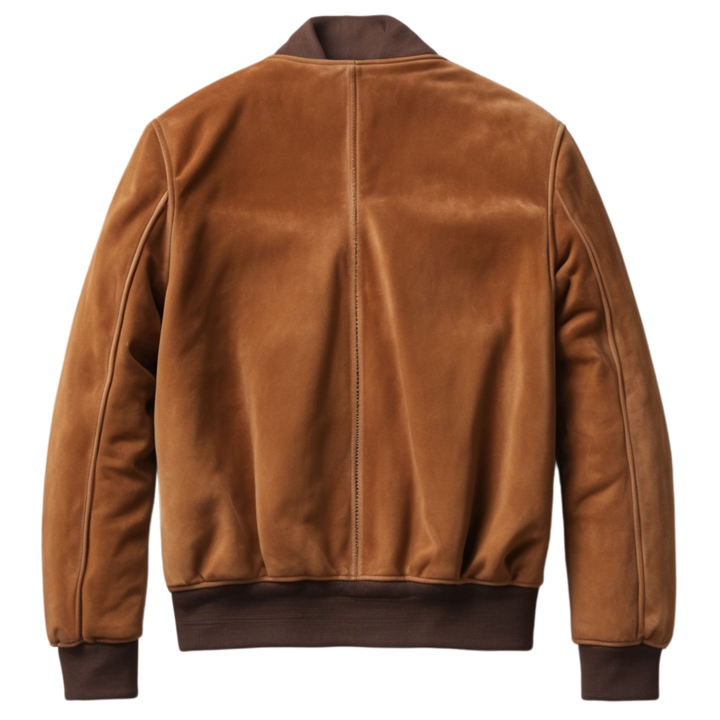 Tan Suede Effect Leather Bomber Jacket: Ribbed Trim, Zipper Pockets, Minimalist Style