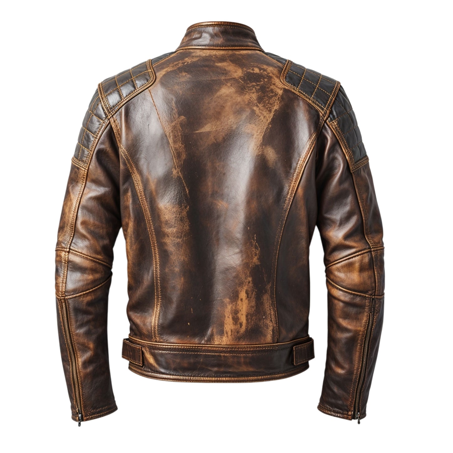 Vintage Brown Cafe Racer Jacket: Quilted Shoulders, Stand Collar, Zipper Pockets