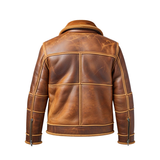 Brown Real Leather Aviator Jacket with Shearling Collar and Lining – Vintage Winter Wear