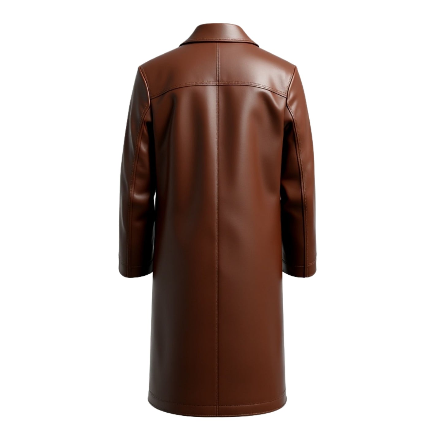 Men's Brown Leather Long Overcoat: Classic Tailored Fit, Three-Button Closure