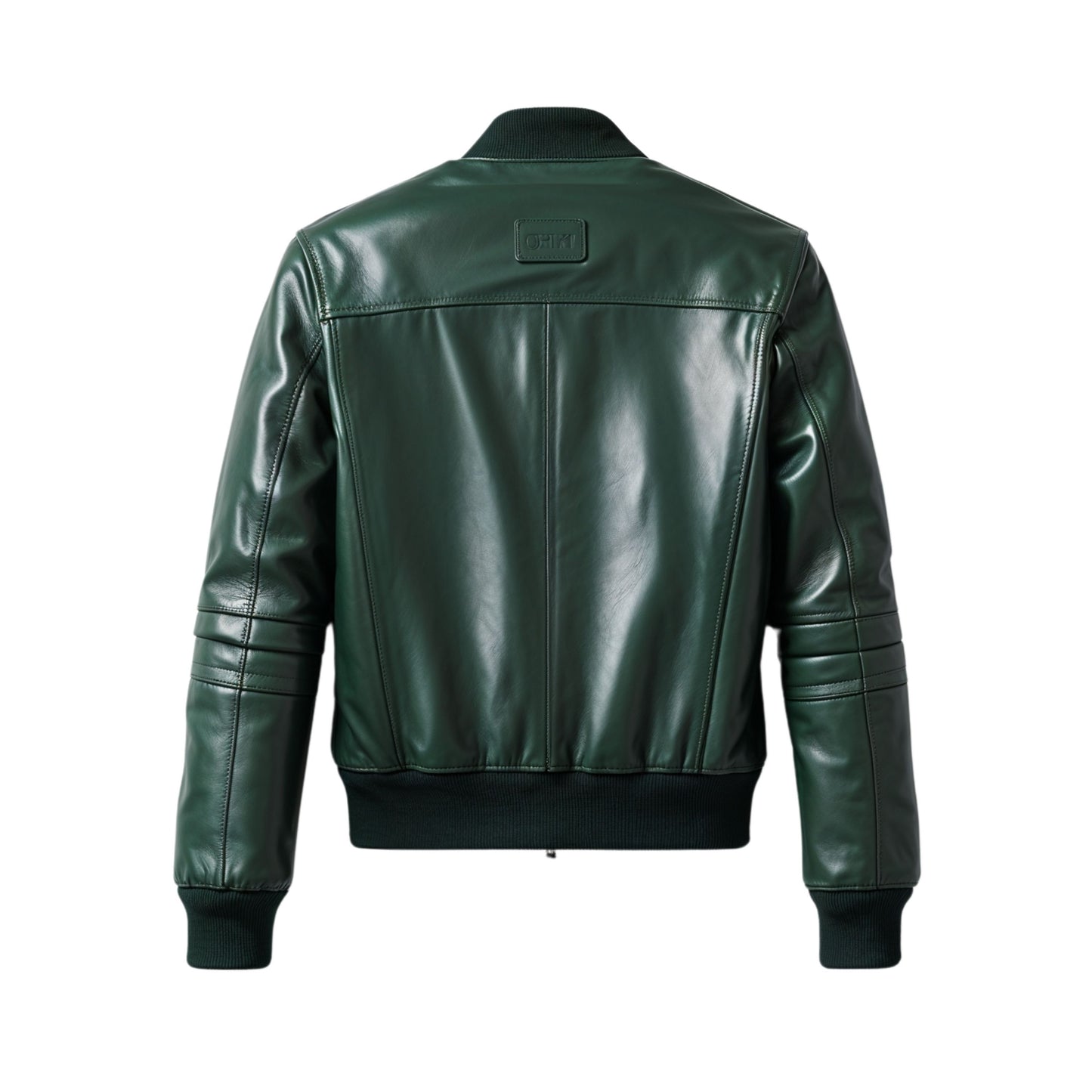 Men's Green Leather Bomber Jacket with Ribbed Cuffs and Zipper Pockets
