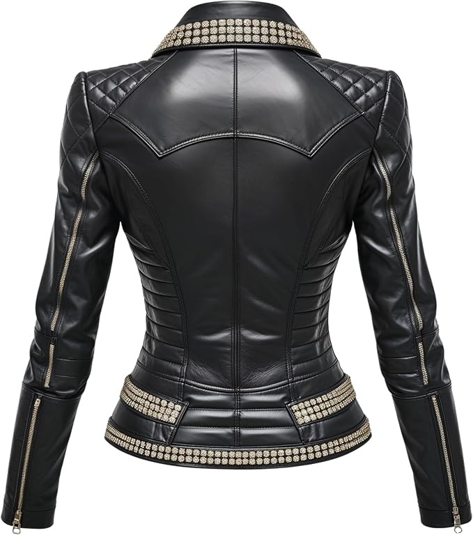 Womens Real Leather Black Embellished Moto Jacket Crystal Trim Quilted Shoulder Slim Fit Biker Coat Luxury