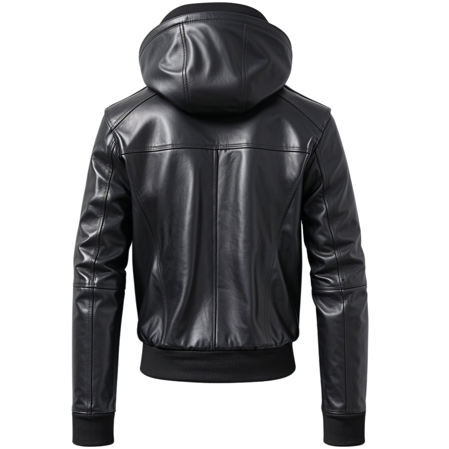 Men's Black Real Leather Hooded Bomber Jacket – Modern Street Style Ribbed Cuffs Drawstring Hem