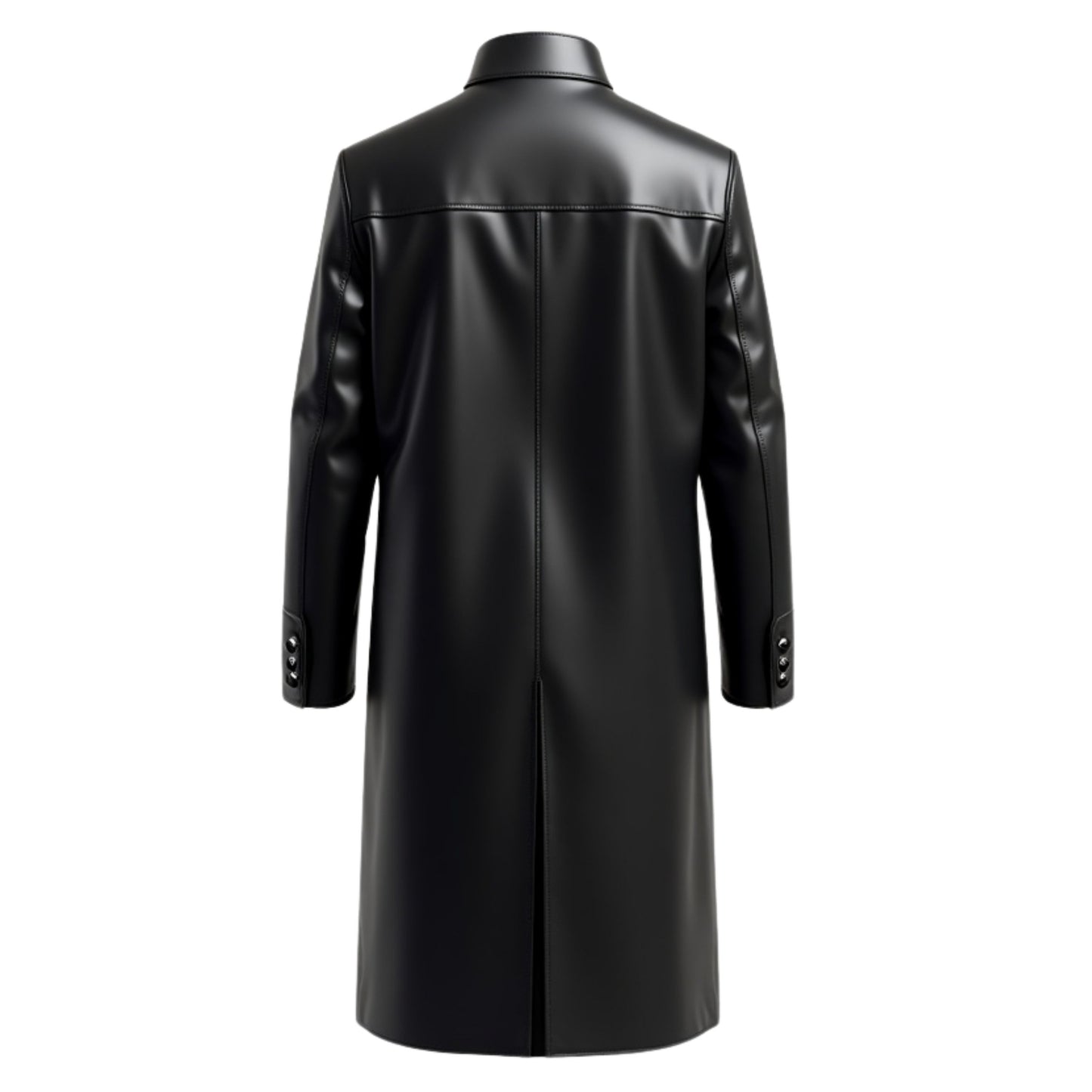 Men's Black Real Leather Long Coat Stand Collar Button Closure Stylish Winter Outerwear