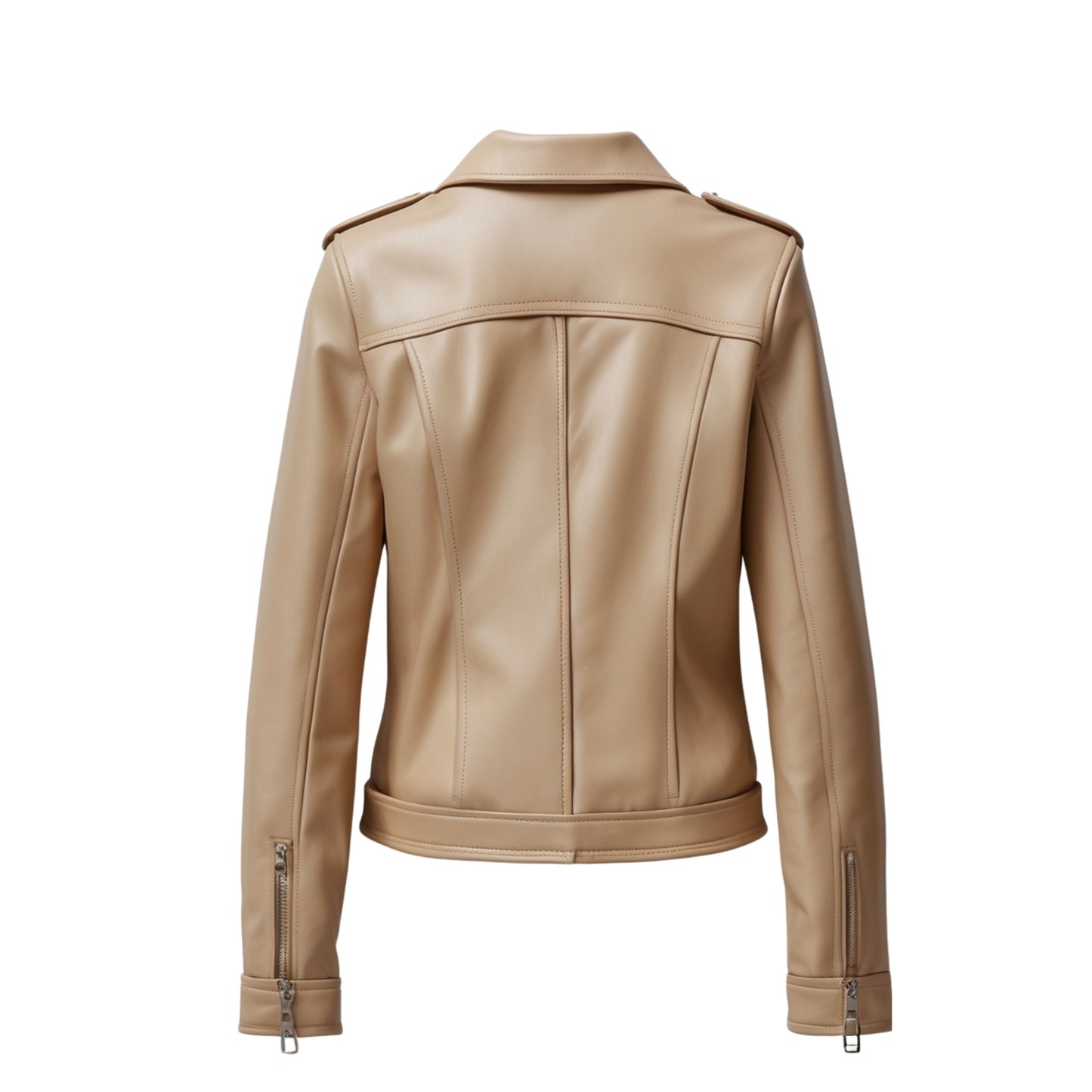 Womens Real Leather Moto Biker Jacket – Beige Slim Fashion Outerwear Shirt Collar