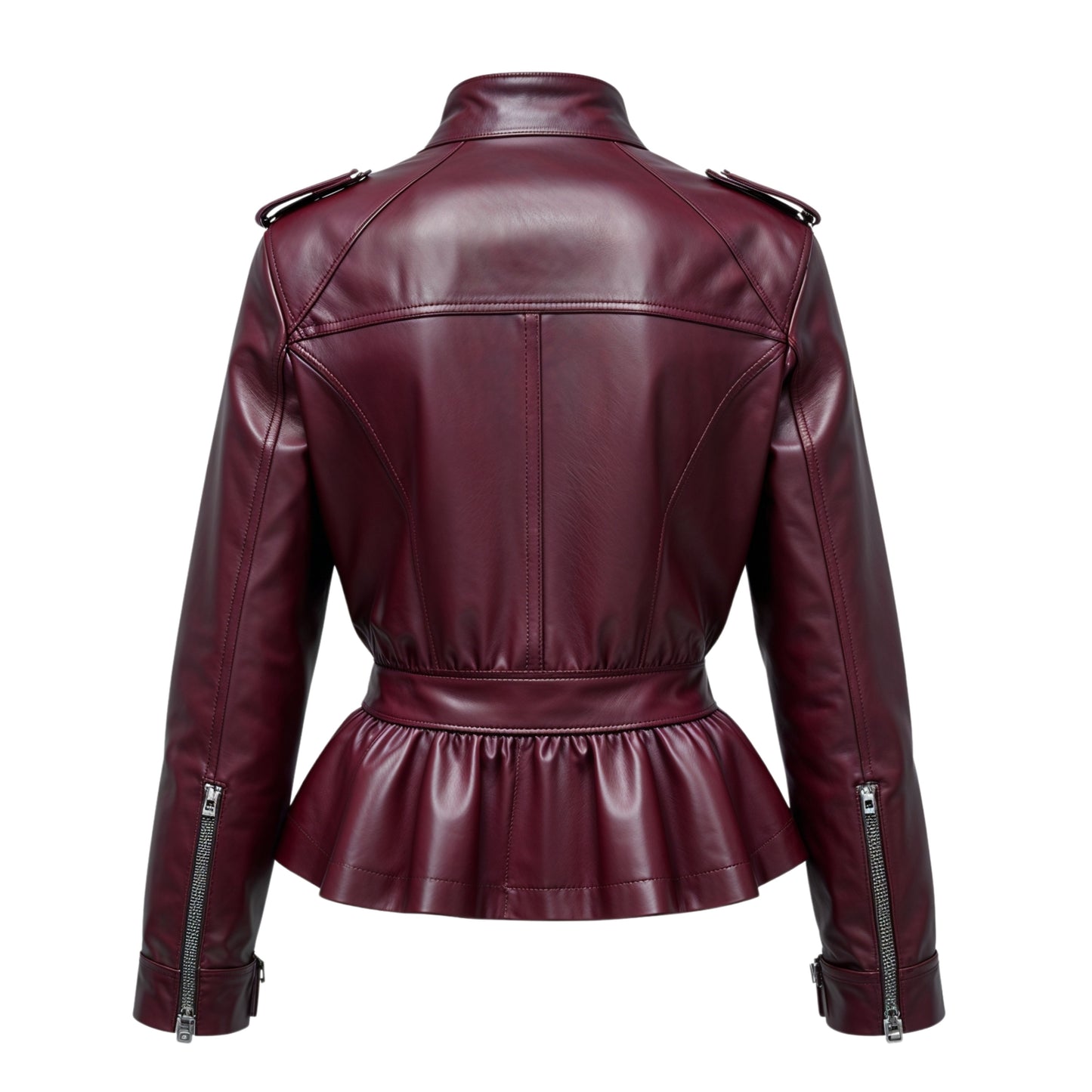 Womens Real Leather Burgundy Peplum Moto Jacket – Slim Fit Biker Style Stand Collar