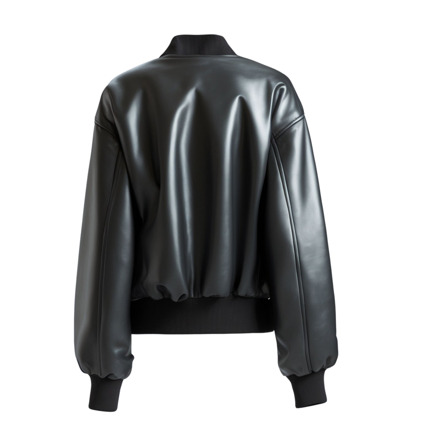 Women Black Real Leather Cropped Bomber Jacket, Balloon Sleeves, Ribbed Details