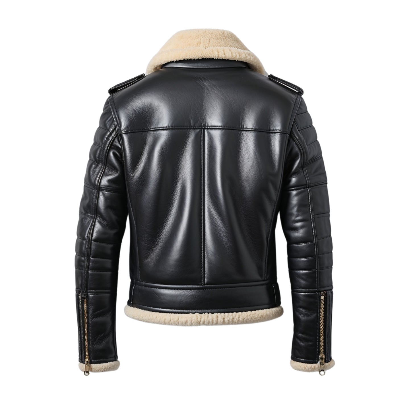 Men's Black Leather Biker Jacket with Shearling Collar and Quilted Sleeves