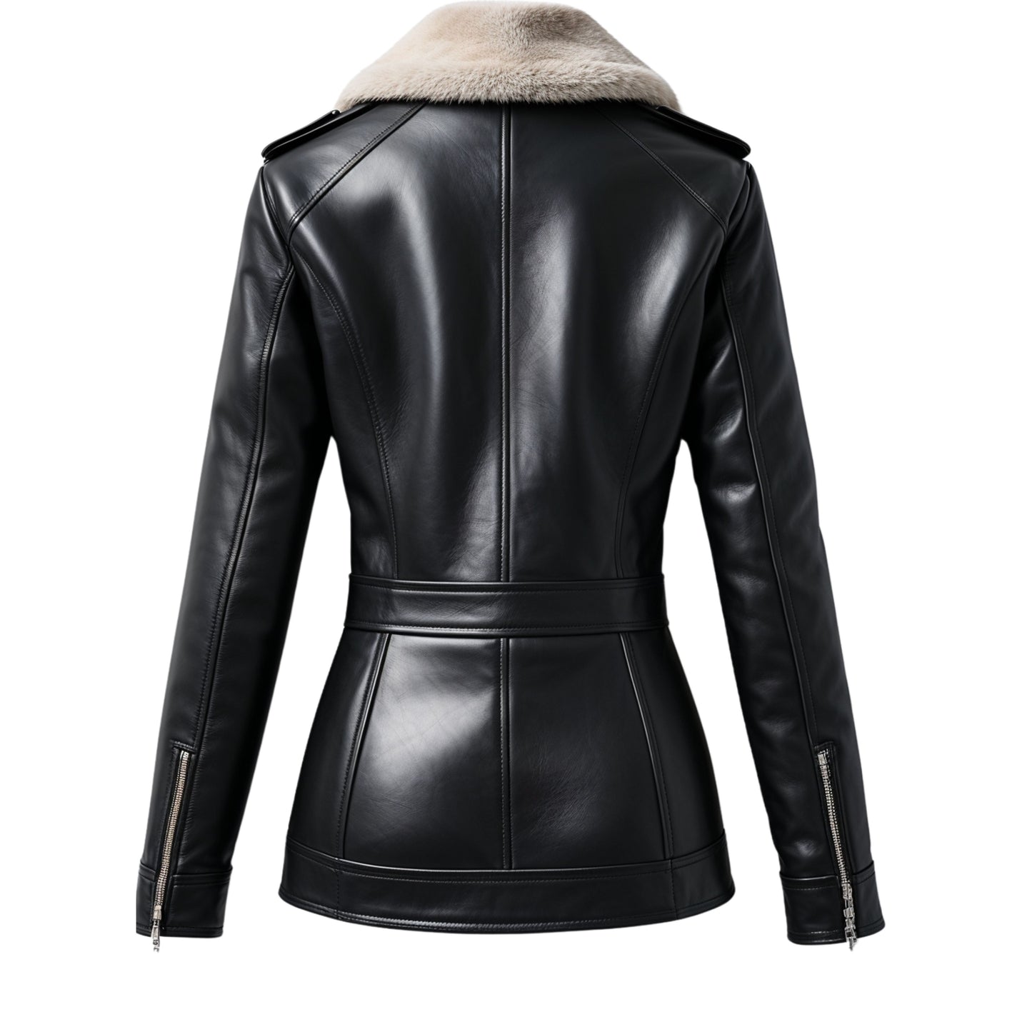 Black Leather Peacoat with Cream Shearling Collar, Double Breasted Gold Buttons