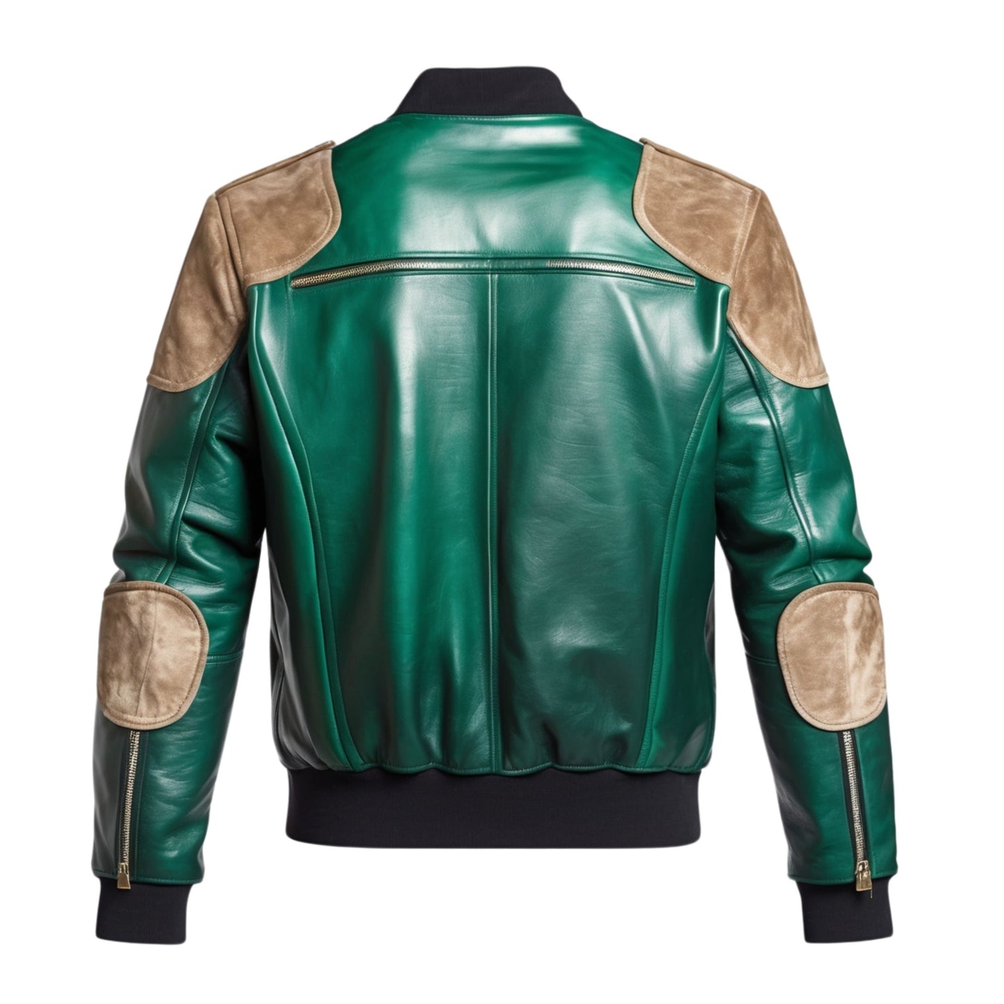 Green Leather Bomber Jacket with Tan Suede Shoulder Accents – Modern Zip Front Lightweight Wear