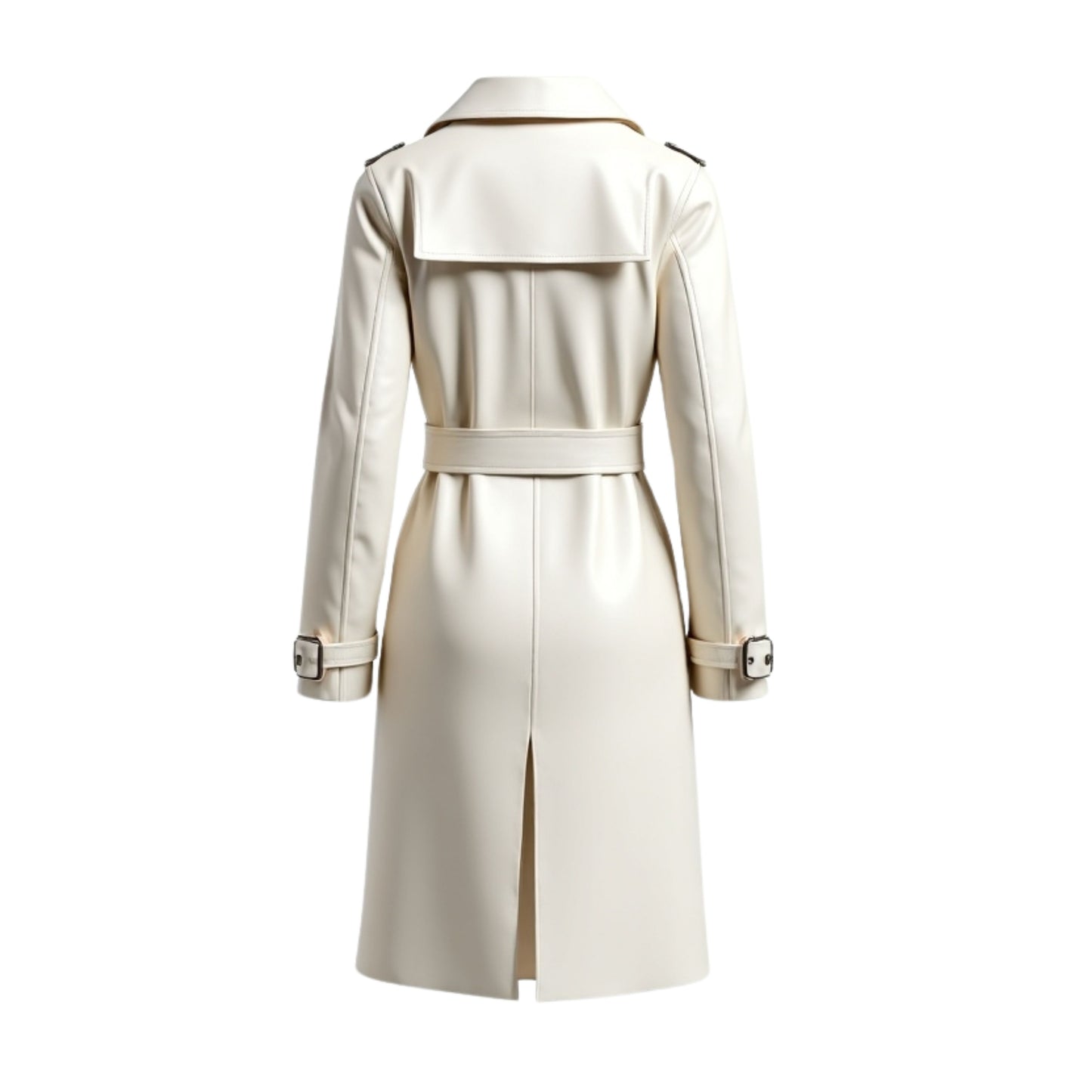 Off White Double Breasted Leather Trench Coat – Classic Long Belted Outerwear