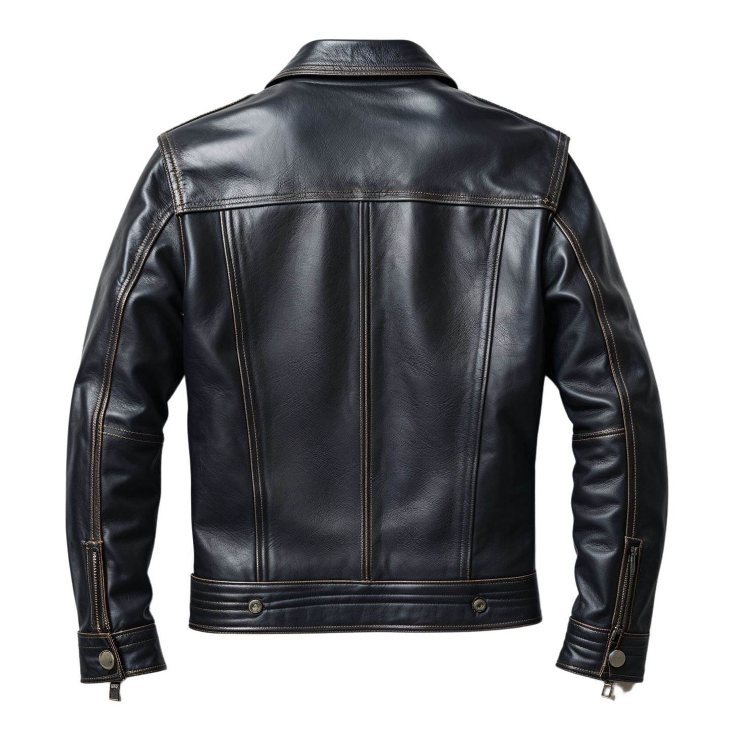 Men's Black Real Leather Trucker Jacket with Contrast Stitching, Button Front Urban Style
