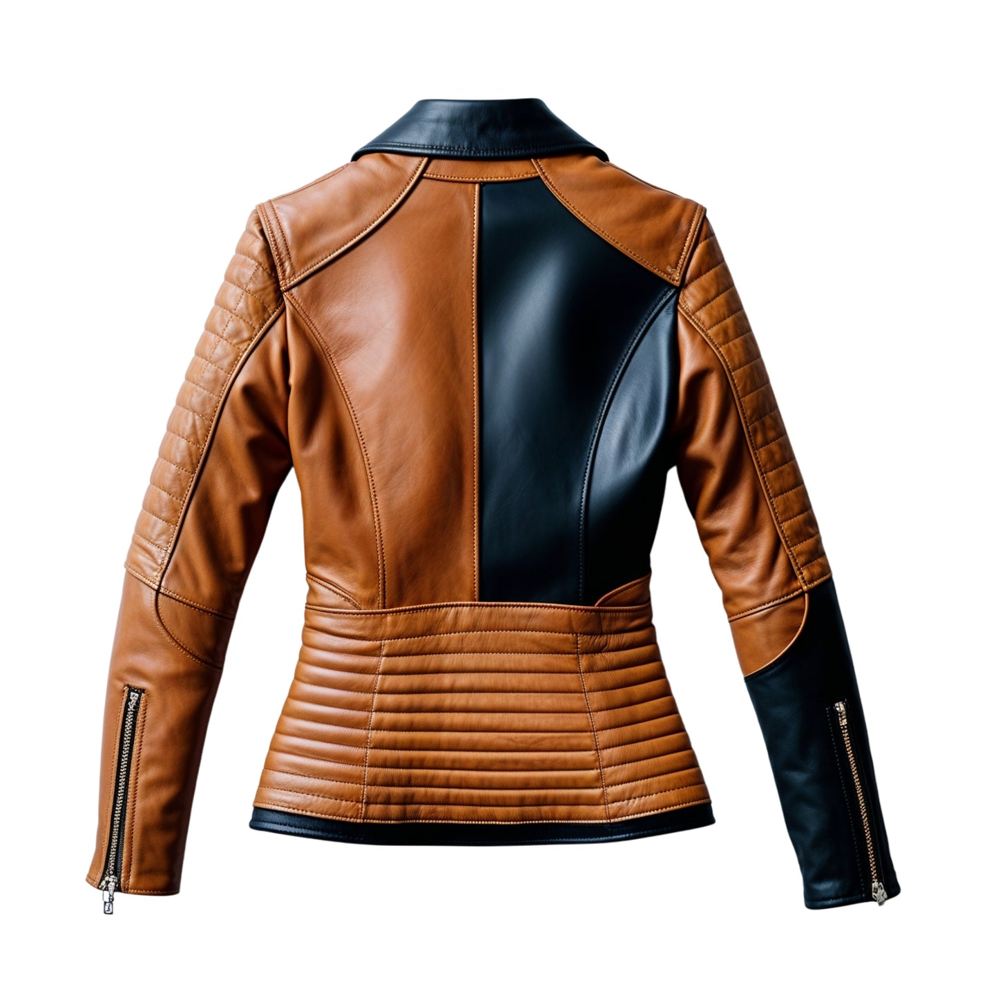 Women's Two-Tone Leather Biker Jacket with Quilted Shoulders – Slim Fit Moto Style