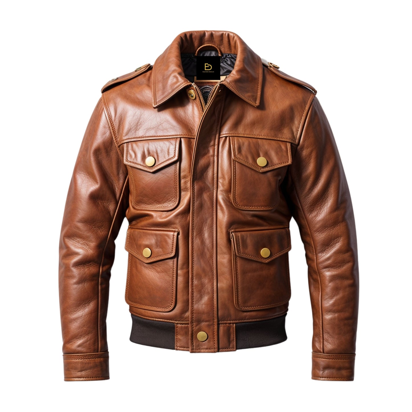 Men's Brown Real Leather Military Bomber Jacket with Button Flap Pockets